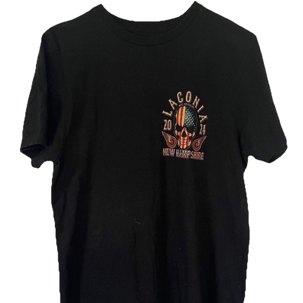 Laconia New Hampshire Motorcycle T-Shirt Medium Black American Flag Skull